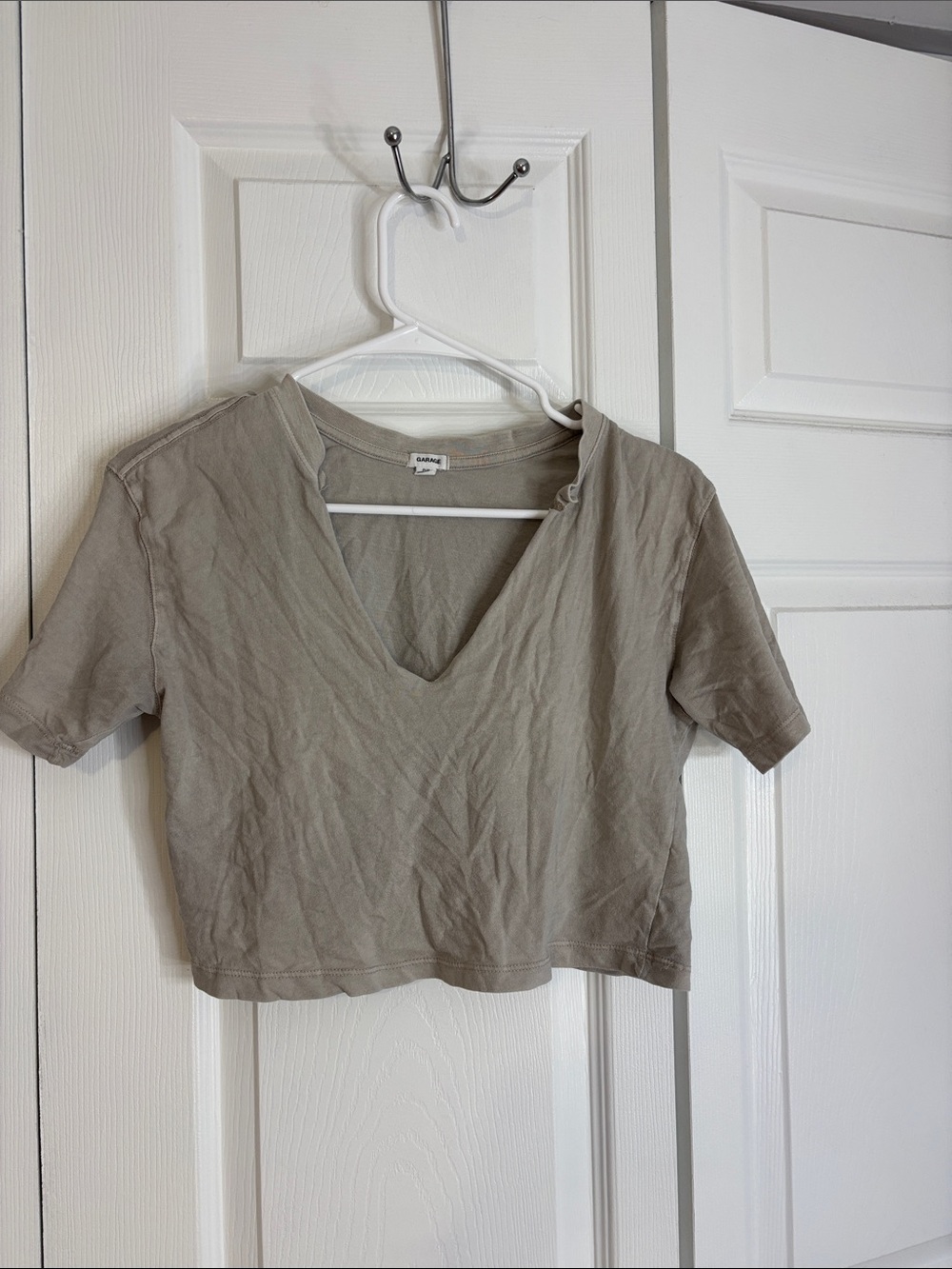 Garage Cropped V-Neck Top in Taupe